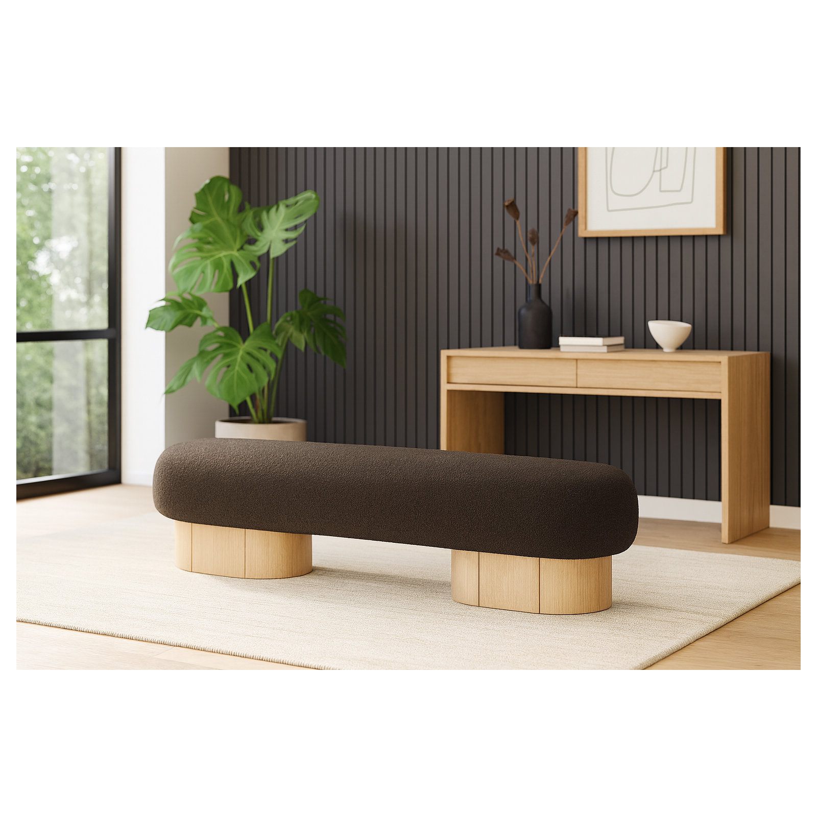 Denyer Boucle Fabric Upholstered Bench, Light Oak, Brown