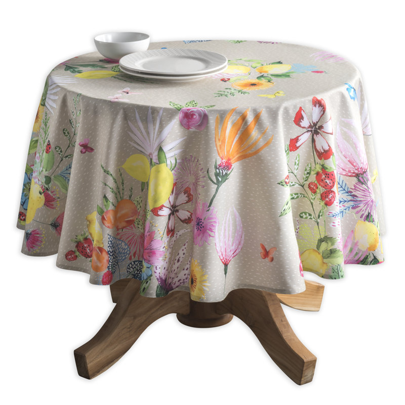 Floral 100% Cotton Round Tablecloth, Fog, 69" L x 69" W