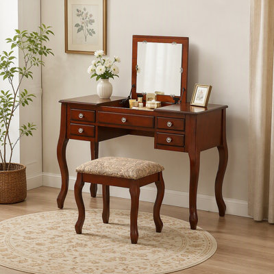 Classic 1pc Vanity Set w Stool Drawers Open-up Mirror Bedroom Furniture Unique Legs Cushion Seat Stool Vanity
