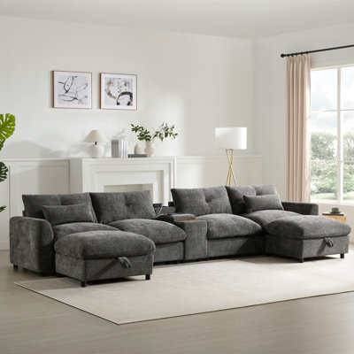 136'' Modular Sectional Sofa With Console, Cup Holder, Usb Charger, Movable Storage Ottoman, Pull-Line&Tufted Design, U-Shaped Oversized Chenille Sofa For Living Room&Apartment