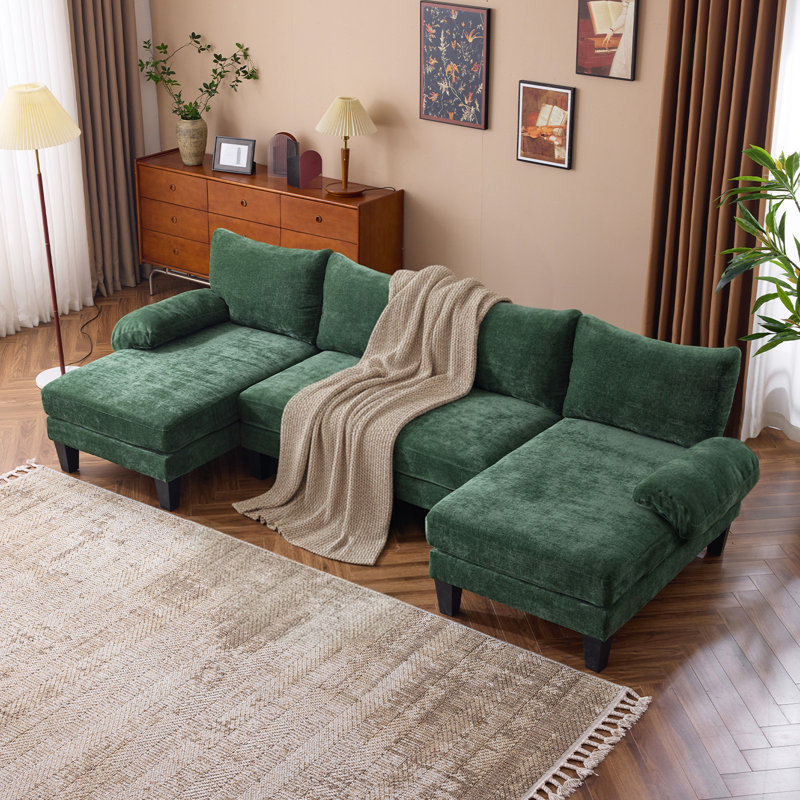 Outopee 110 In. Pillow Top Arm U-Shaped Sectional Sofa, Green Chenille