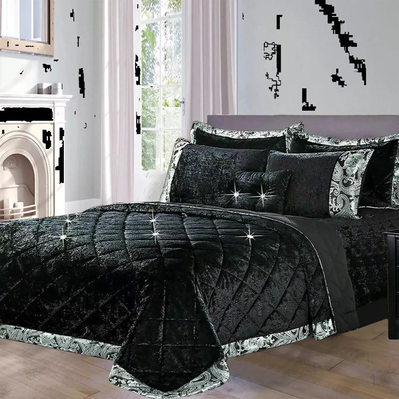 Velvet Bedspread with Pillow Shams, Black, Super King Bedspread+ 2 Standard Shams