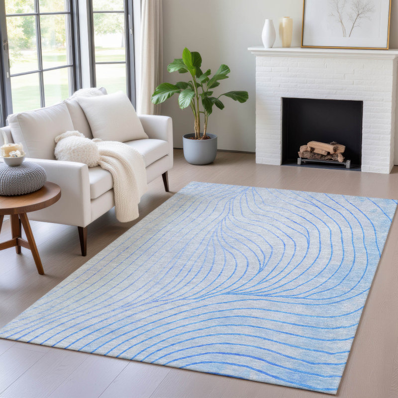 Tapis bleu intérieur / extérieur lavable à la machine Xhevrie, Rectangle 2 pi 6 po x 3 pi 10 po