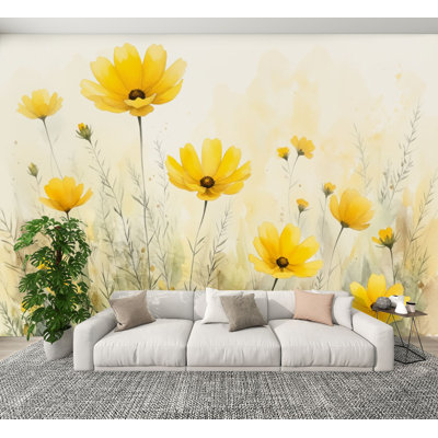 Papier peint à peler et à coller Fleurs jaunes vives à l'aquarelle délicates tiges murales murales souples H 100 po x l 144 po Papier mural amovible en PVC auto-adhésif pour chambre à coucher, bureau à domicile