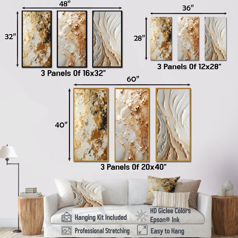 Blanc et or champagne Flow I - ensemble de 3 décorations murales champagne, H 28 po x l 36 po, Cadre flottant brun