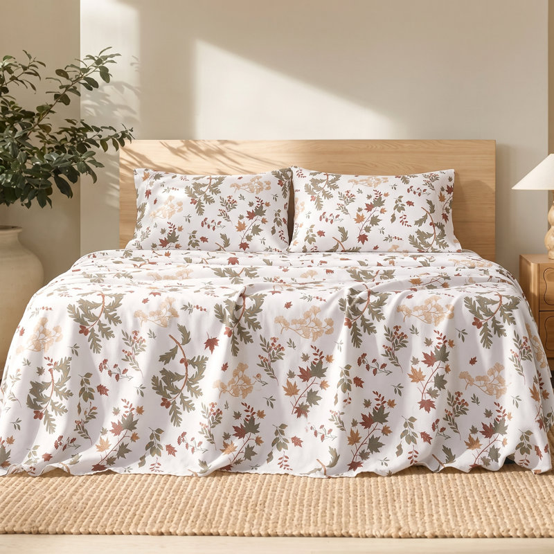 Ensemble de draps en flanelle 100 % coton S&CO vintage, taille Queen, doux et confortable, 4 pièces, motif de feuilles d'automne