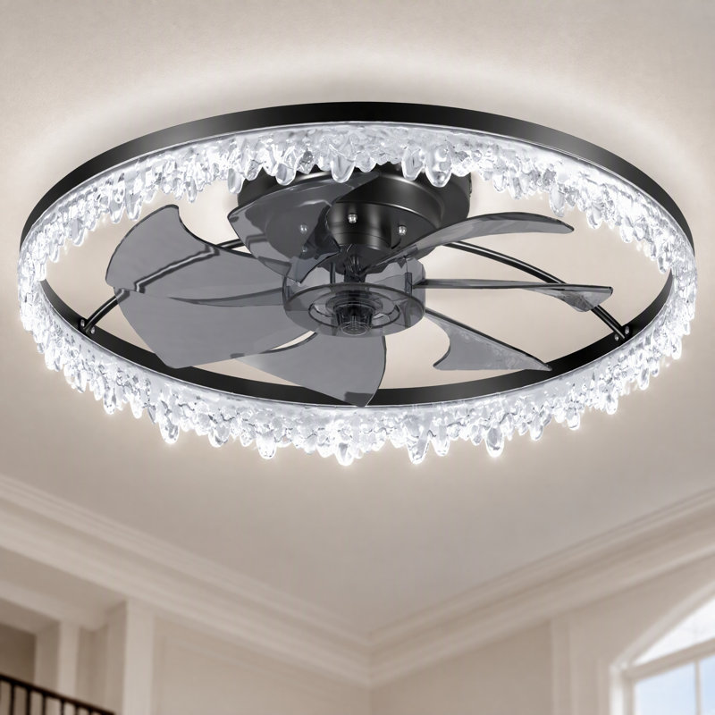 24" Modern Black Ceiling Fan with Light & APP Remote Dimmable Ice Cone Flush Mount Fandelier, 24" Wide