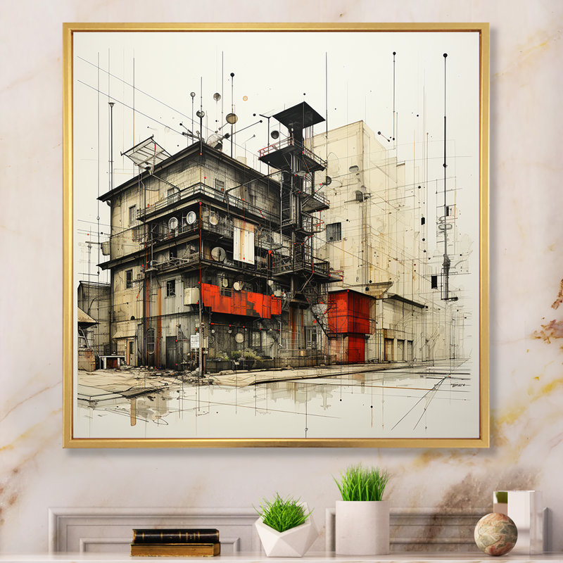 Dessin d'analyse d'un entrepôt II sur toile, Cadre photo noir, H 24 po x l 24 po
