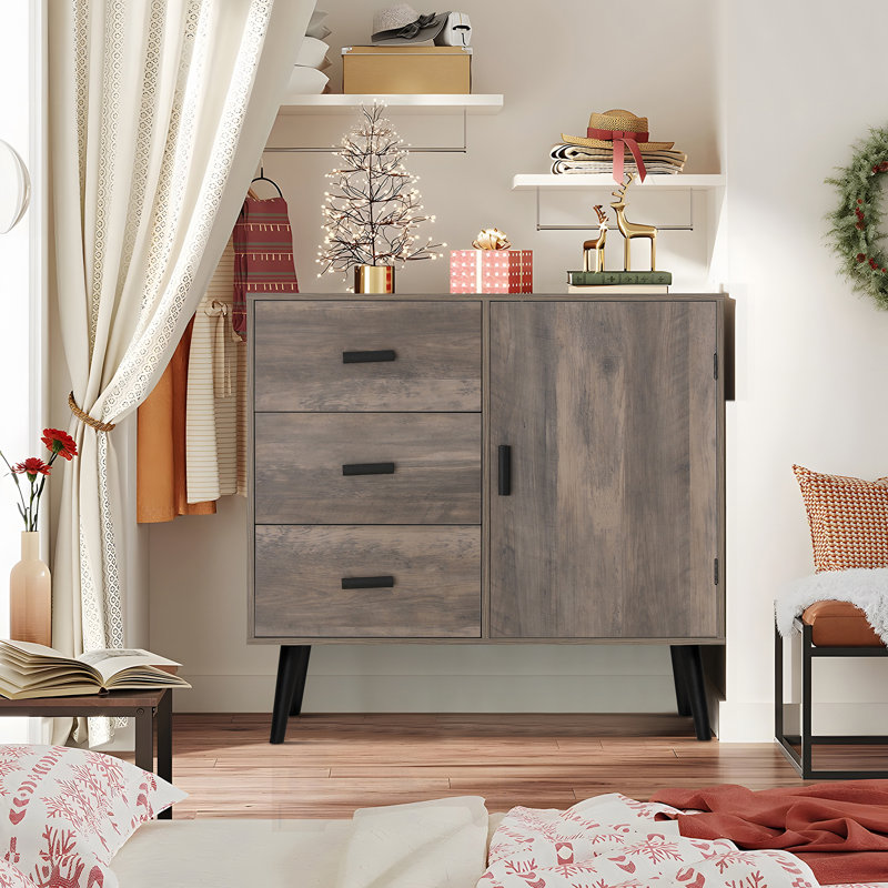 Armoire de rangement au sol avec porte et 3 tiroirs, Chêne rustique