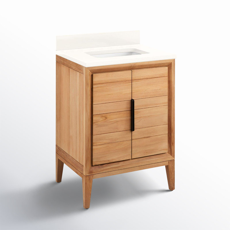 24" Aliso Single Bathroom Vanity Set with Rectangular Undermount Sink, No Faucet Hole, Arctic White Quartz, Natural Teak