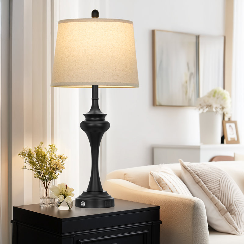 Modern 30'' Black Table Lamp Set with USB & Type-C Ports, Oatmeal Linen Shade, Black