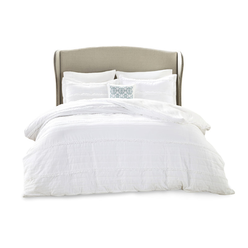Housse de couette pour lit double / grand lit avec broderie et fermeture à boutons élégante 4 pièces en détails blancs