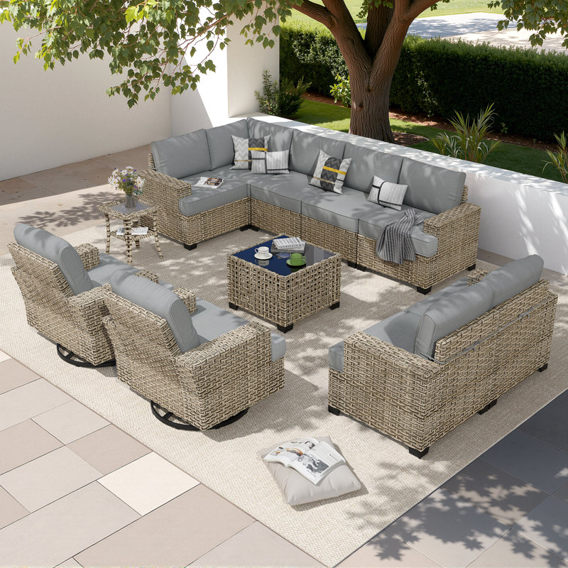 Tommy Outdoor Wicker 9 Person Seating Group With Cushions, Dark Gray