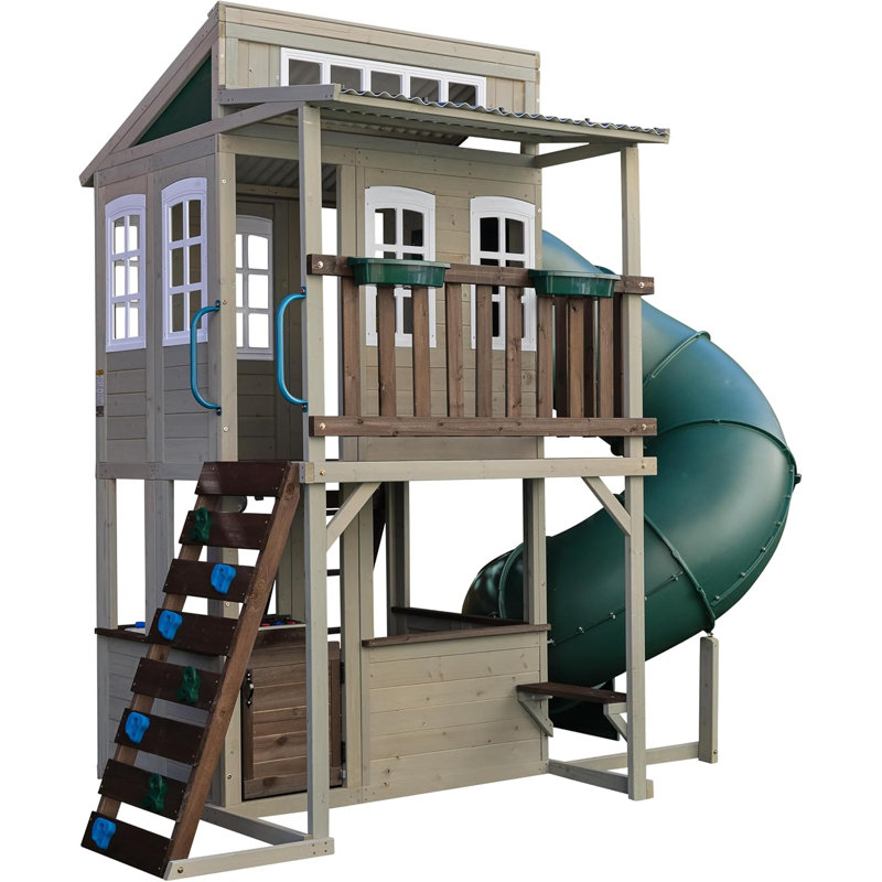 KidKraft 2-Storey Wooden Playhouse with Tube Slide & Rock Wall - Outdoor Climbing Frame, Grey
