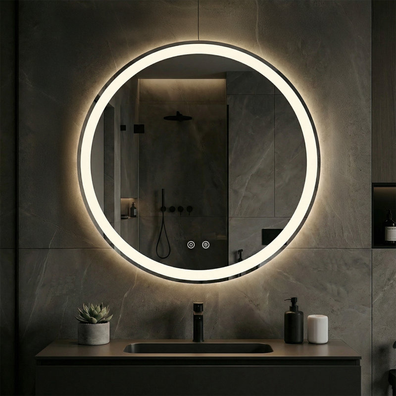 Wall-Mounted Round LED Anti-Fog Bathroom Mirror, Adjustable Brightness and Color Temperature Vanity Mirror, 28" x 28"