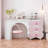 62.99"White and Pink Modern Vanity and Drawer cabinet With a Mirror and Makeup Stool