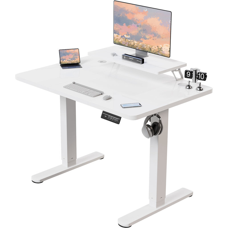 T-Shape Electric Standing Desk With Monitor Stand Memory Smart Pannel Home Office Desk, White, White, 120 W x 60 D