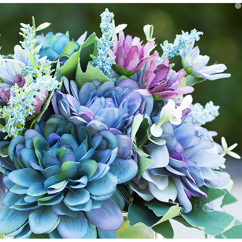 Blue and Purple Silk Flower Arrangement in White Ceramic Vase