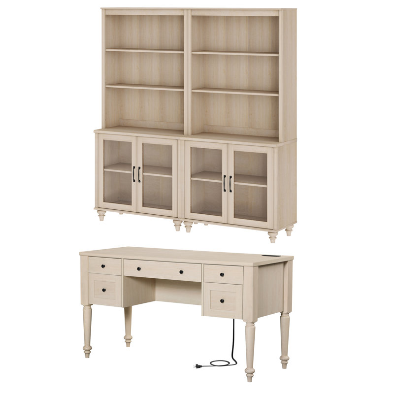 2 - Piece Office Set, 56" Executive Desk & Set Of 2 Bookcases With Glass Doors, Beige, Beige