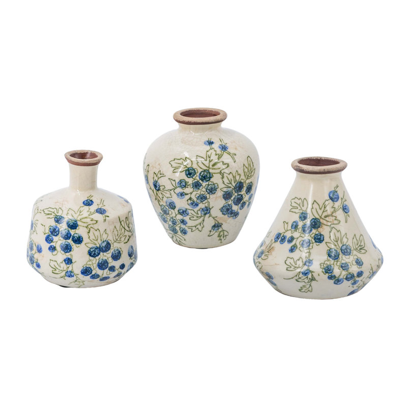 3 White Ceramic Mini Vases With Blue Berry Motif