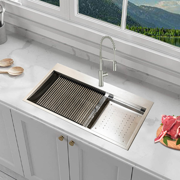 KBFmore 25 inch Undermount Topmount Single Bowl Workstation Kitchen Sink  with 5 Pieces Sink Gadgets 