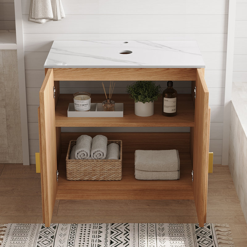 Armoire de meuble-lavabo moderne avec porte cannelée 30 po, armoire de rangement autoportante avec comptoir en pierre, sans évier
