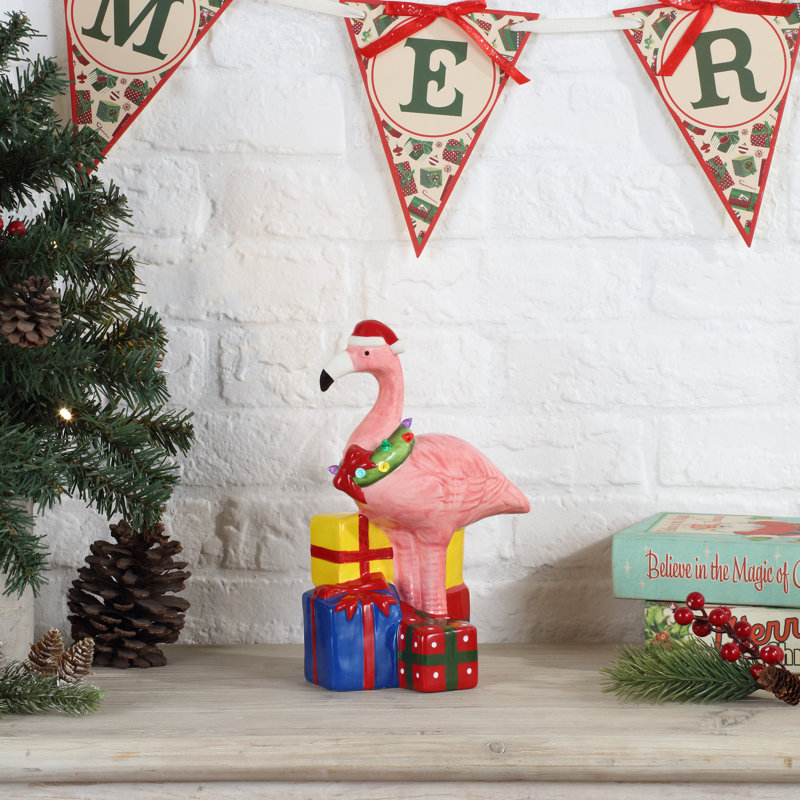 Festive Pink Ceramic Flamingo with LED Wreath and Gifts
