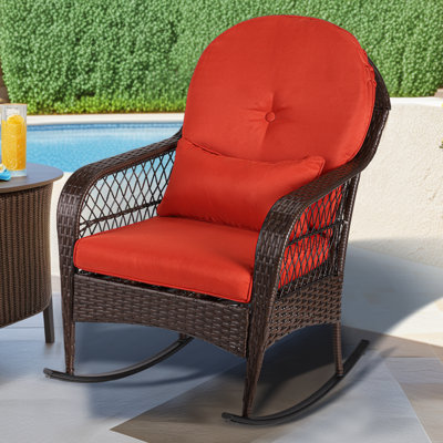 Outdoor Wicker Rocking Chair, Patio Rattan Rocker W/Lumbar Pillow, Padded Seat & Back Cushions, Metal Frame, Mix Wicker Furniture For Balcony, Porch, by Winston Porter