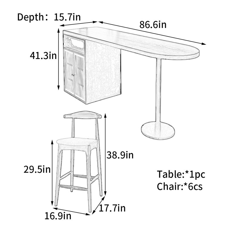 High-end solid wood black bar table, 41.3"H x 86.6"W x 15.7"D