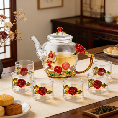 Vintage Floral Glass Tea Set With Gift Box, Borosilicate Teapot And Cups Set With Coasters For Family Gatherings And Home Decor