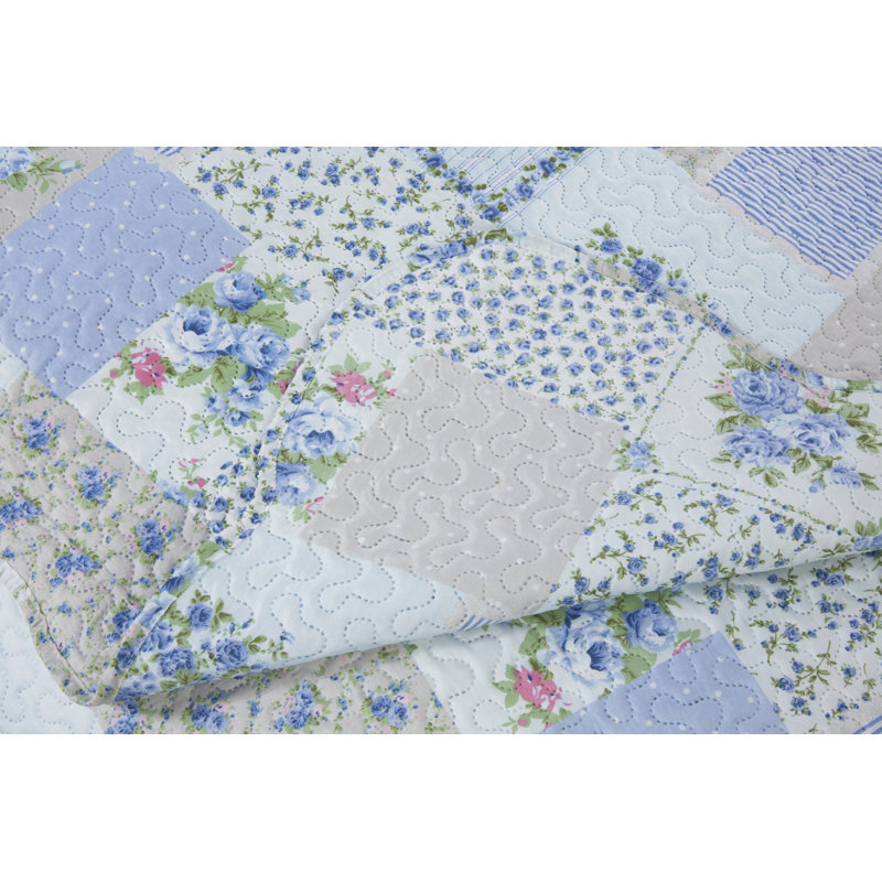 Canadice Polyester Patchwork Bedspread with Pillow Shams, Kingsize - 2 Standard Shams, Blue