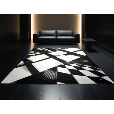 Soft Plush Queanbeyan Times Square Lights Modern Checkered Area Rug in Black – Black Binding