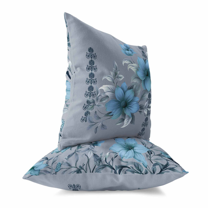 Coussin décoratif réversible intérieur / extérieur Petal Perfection, H 16 po x l 16 po, Floral gris / bleu