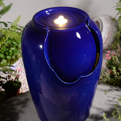 Fontaine ondulée en céramique bleue, fontaine décorative avec lumières DEL et pompe silencieuse, dispositif d'eau intérieur / extérieur pour patio, jardin, terrasse, balcon, bureau et décoration intérieure, conception d'eau en cascade relaxante