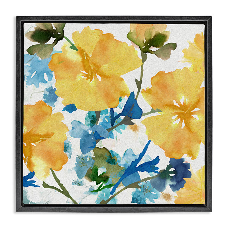 Hibiscus jaune et bleu, Cadre flottant noir de jais, H 25 po x l 25 po