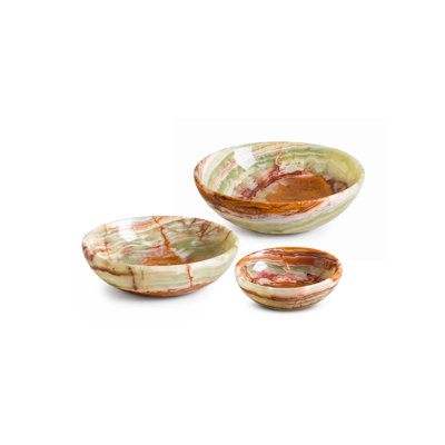 Bol décoratif en onyx naturel, récipient en pierre multicolore fabriqué à la main, objet décoratif minéral pour table basse, entrée, étagère et décoration intérieure, lot de 3 (S, M, L)