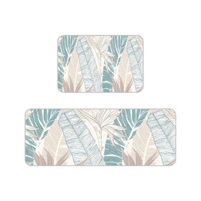 Tapis de cuisine beige sarcelle à feuilles de bananier, ensemble de 2 tapis de décoration tropicale pour la cuisine et le vestibule