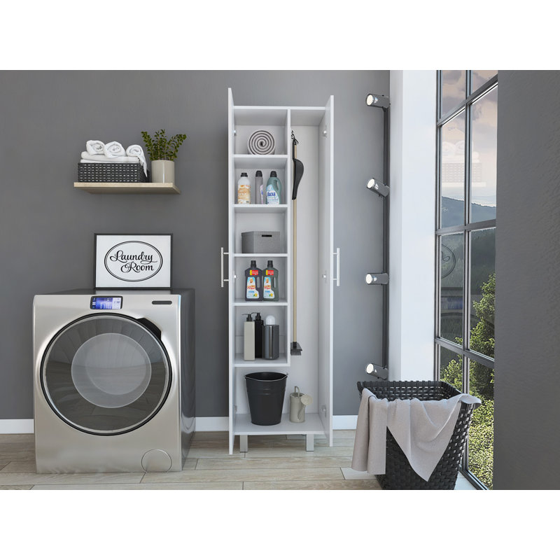 Nala Cleaning Cabinet, Double Door Cabinet, Four Legs, Five Shelves, White