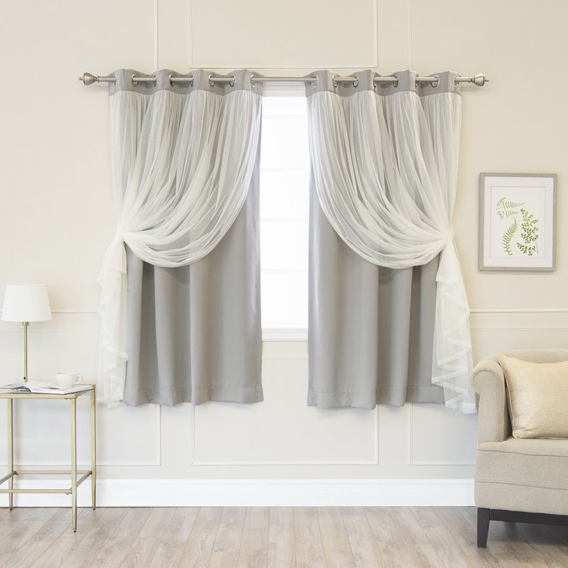 Fortuna Brockham Solid Tulle Overlay Room Darkening Grommet Curtain Panels, Dove, 52" W x 63" L