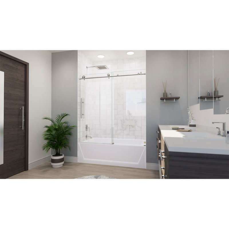 55" - 59" W x 62" H Single Sliding Frameless Tub Door with ClearMax Glass Treatment, Polished Stainless Steel