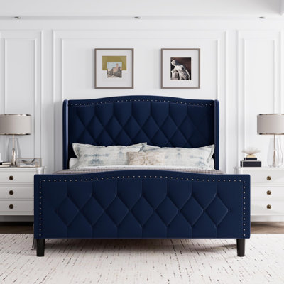 Structure de lit plateforme double rembourrée avec tête de lit capitonnée à oreilles et support de lattes en bois robuste, sans sommier tapissier - bleu marine