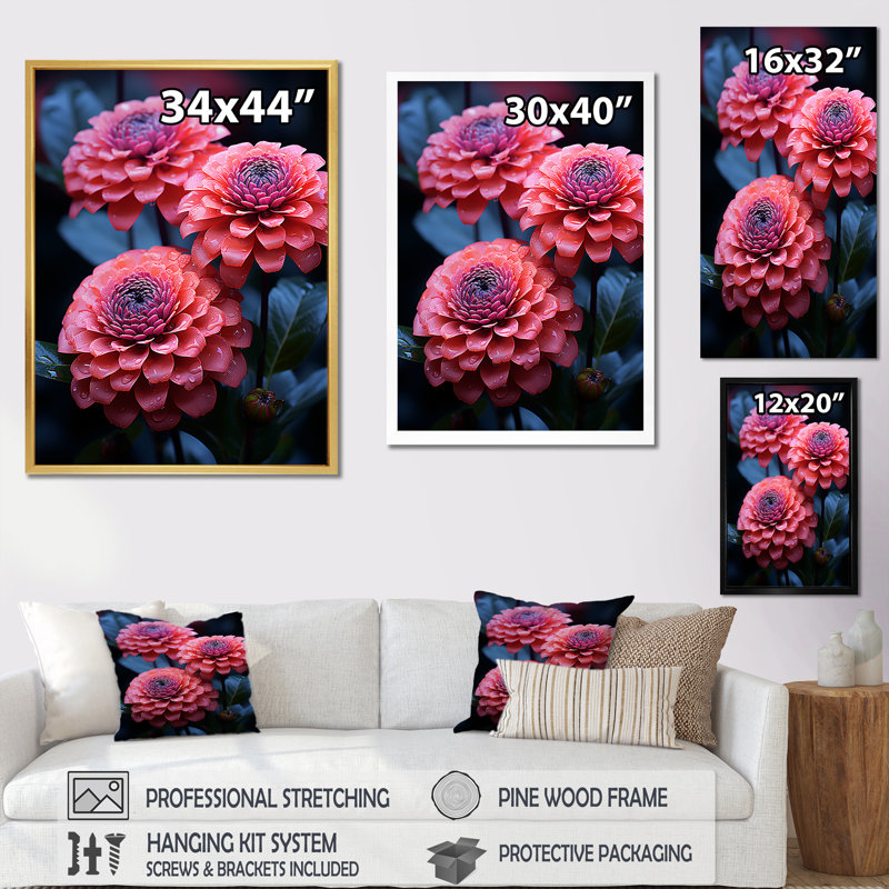 Zinnias Neon Pink Garden sur toile, Cadre simple noir, H 20 po x l 12 po x P 1 po
