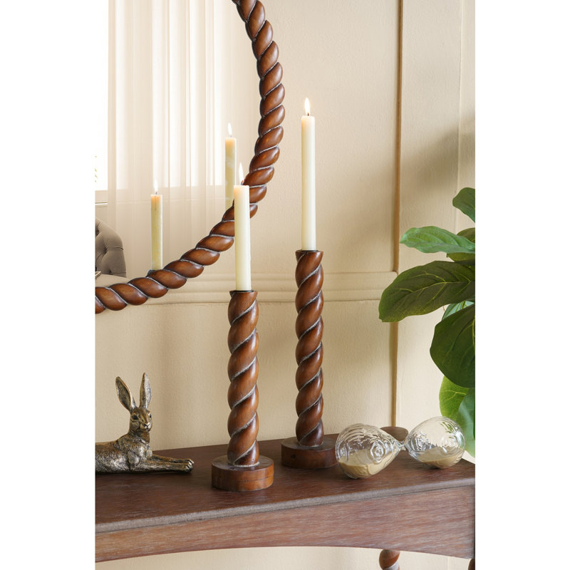 S/2 Brown Birch Wood Candle Holders with Spiral Design, S:3.5x3.5x11"  L:3.5x3.5x13"