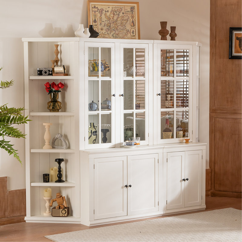 Armoires de présentation de 75,25 po de hauteur et deux tablettes triangulaires à côtés, combinaison murale de style rétro de 92,9 po de largeur avec portes en verre, pour les couloirs, le salon, le bureau, le studio ou l'espace de travail - blanc