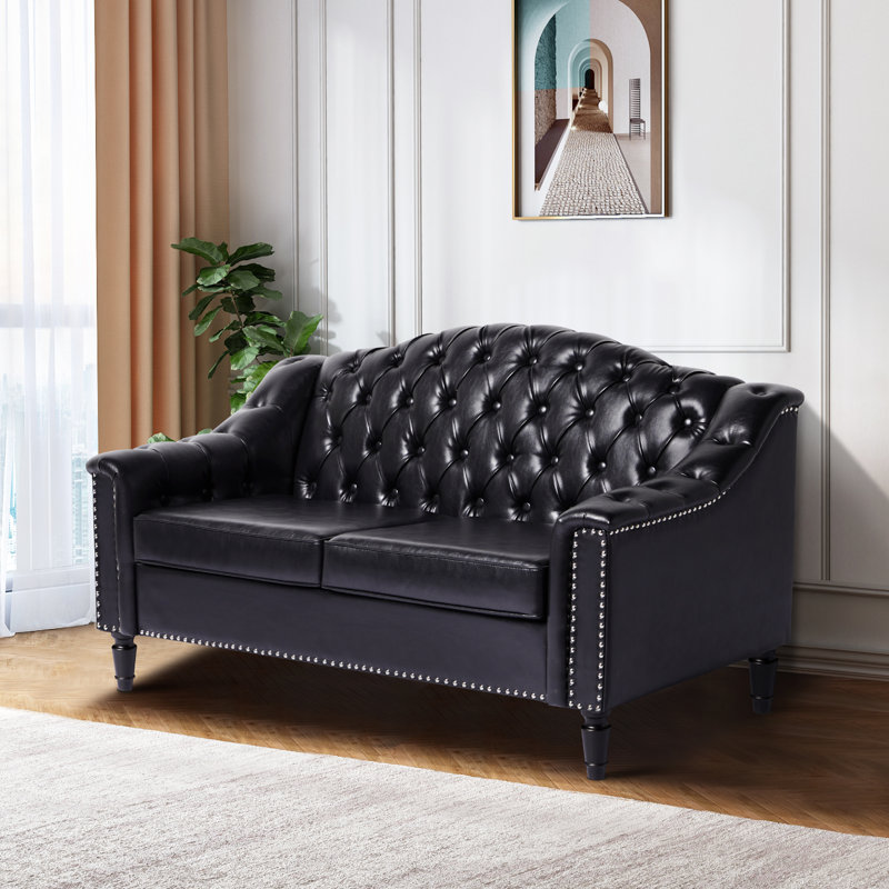 Leola 55.51'' Upholstered Loveseat, Black Faux Leather