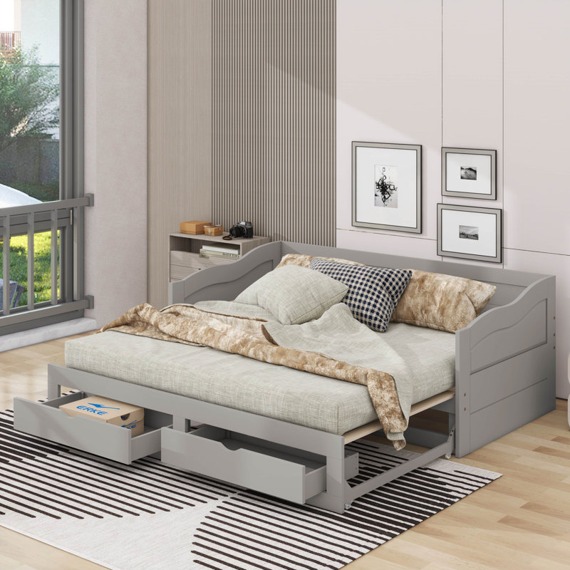 Lit de jour simple en bois avec lit gigogne et 2 tiroirs de rangement, lit de jour extensible, Gris