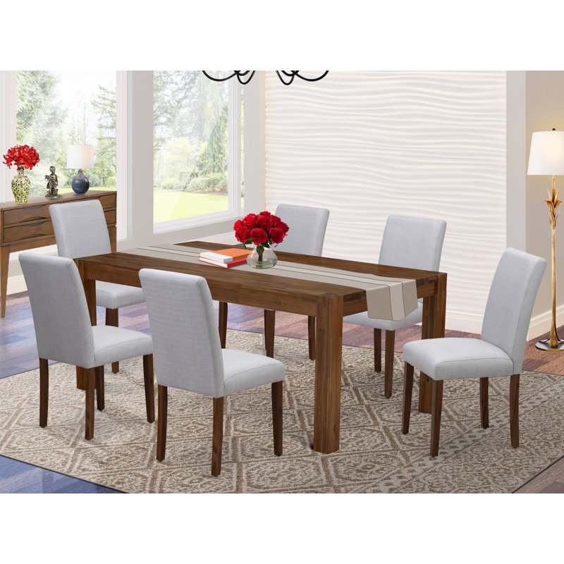 7 Piece Dining Room Table Set Consist of a Rectangle Rustic Wood Kitchen Table and 6 Grey Linen Fabric Parson Dining Chairs, Antique Walnut