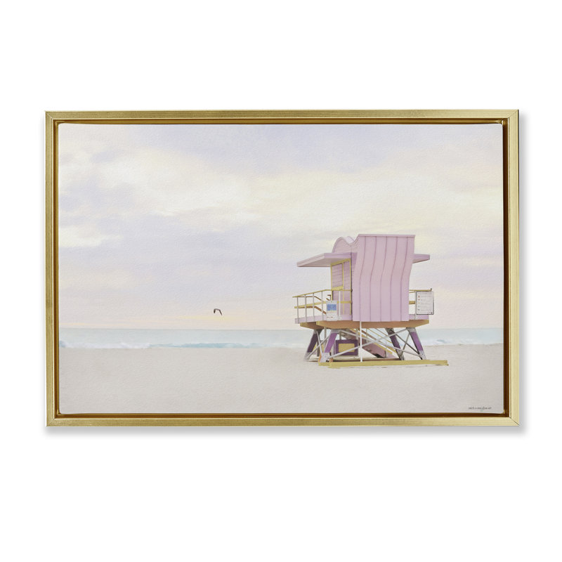 Cadre flottant Pink Paradise Beach, design par Seven Trees Design, H 17 po x l 25 po, Cadre flottant métallique doré