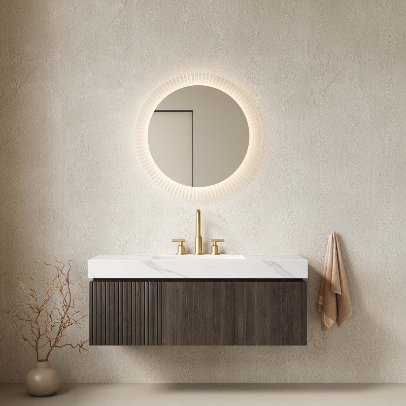 Meuble-lavabo flottant de luxe avec plateau en pierre frittée et lavabo en céramique, Espresso, Blanc de Carrare