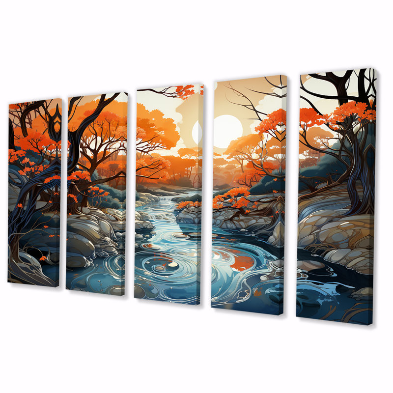 Orange et bleu, rivière, Serene Journey II - forêt, art mural 5 pièces, H 32 po x l 80 po
